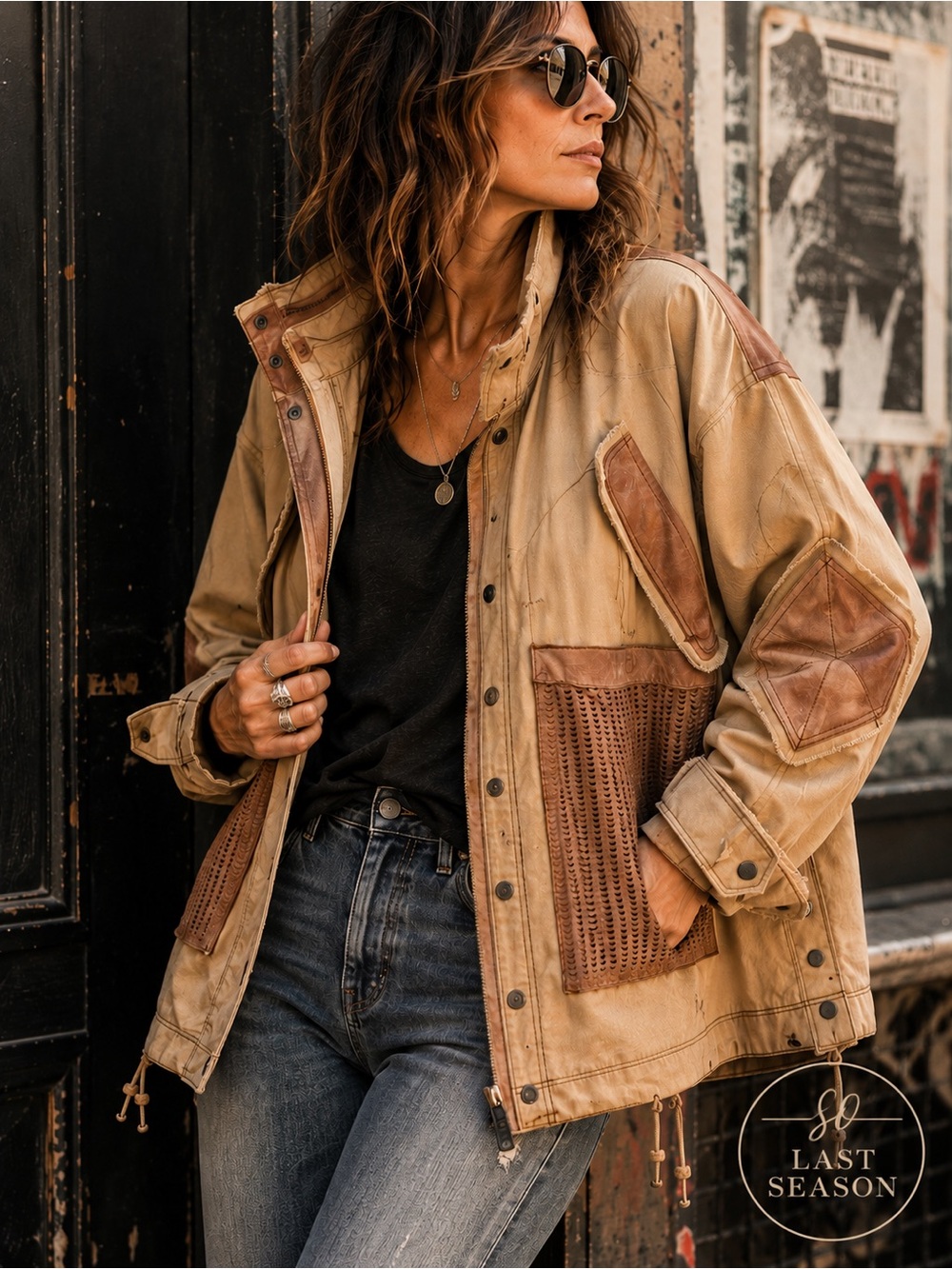 Jakett New York Distressed Twill Leather Utility Jacket Tan Small